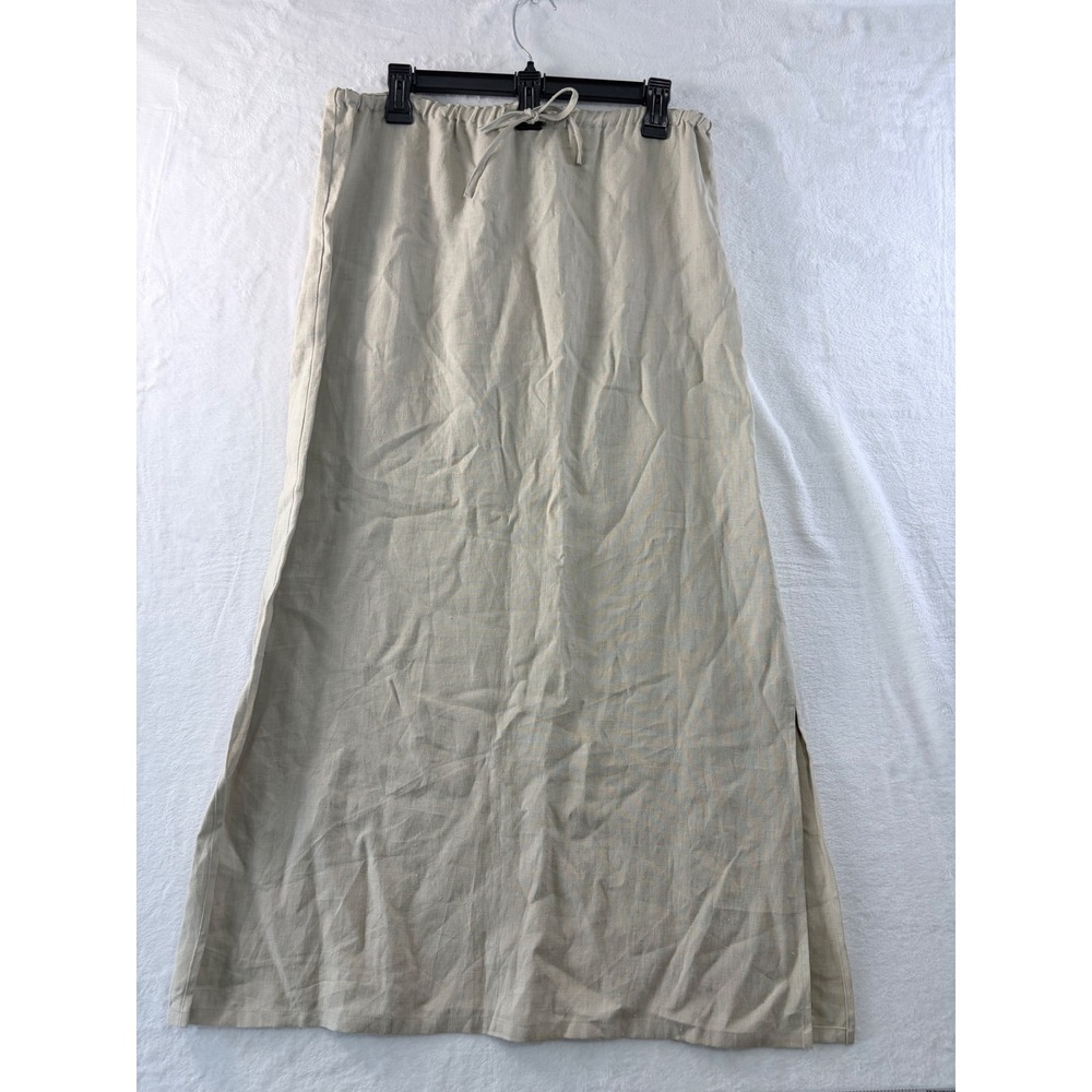Linen Maxi Skirt Womens Small Beige 100%Linen Drawstring Waist Side Slit Coastal